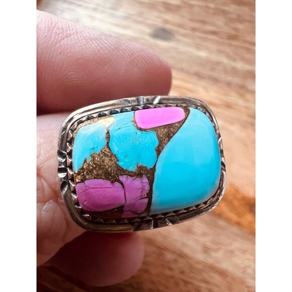 Sterling Silver Cotton Candy Turquoise Ring Pink Blue Size 5.75 6g Boho Jewelry - Picture 1 of 10